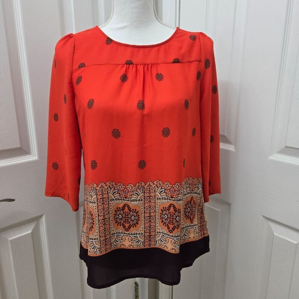 Maeve Blouse Womens 2 Red Bohemian Print Lightweight 3/4 sleeves